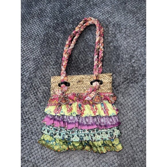 CAPPELLI Straworld Rattan and Multicolor Tiered Ruffles Double Top Handles Bag - Picture 1 of 16